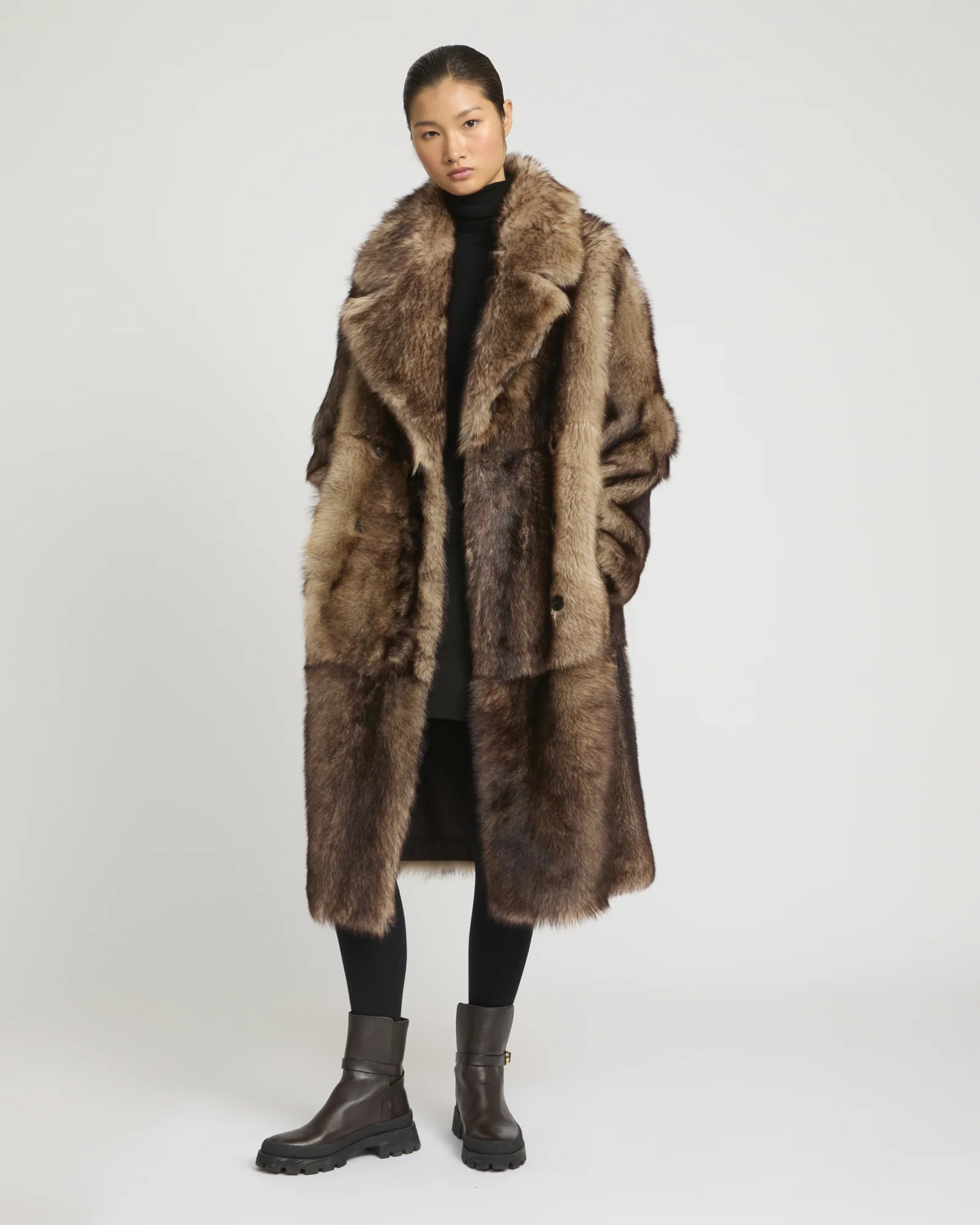 Manteau long réversible en peau lainée d'agneau Toscane Folk