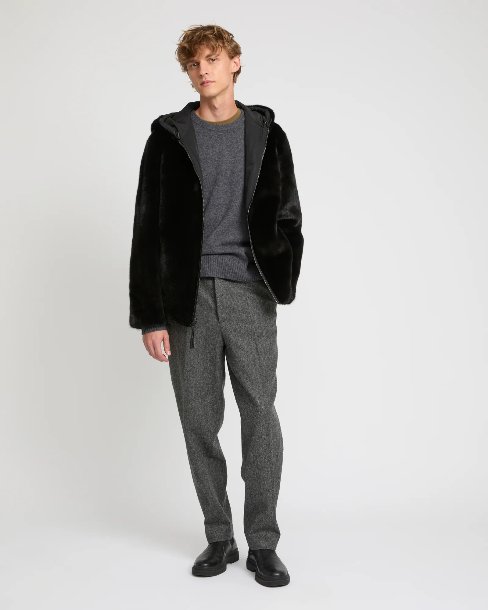 Blouson à capuche réversible en fourrure de vison et tissu technique
