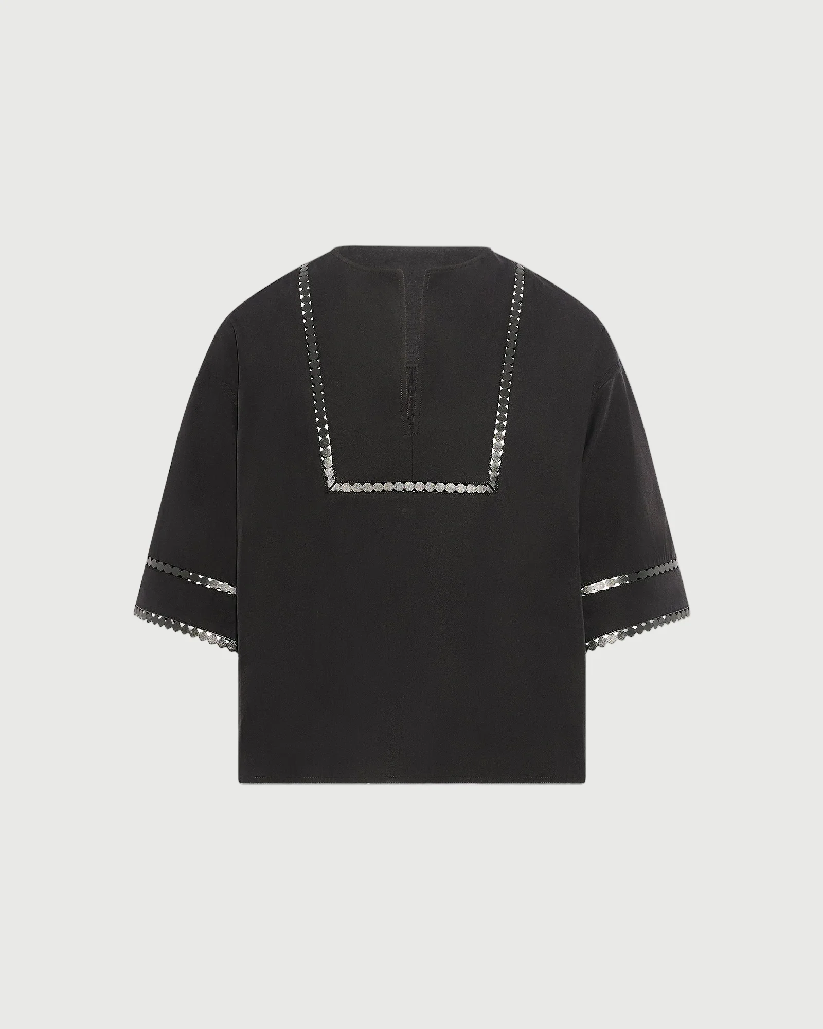 Blouse à manches courtes en popeline de coton et détails cuirs - Image 4