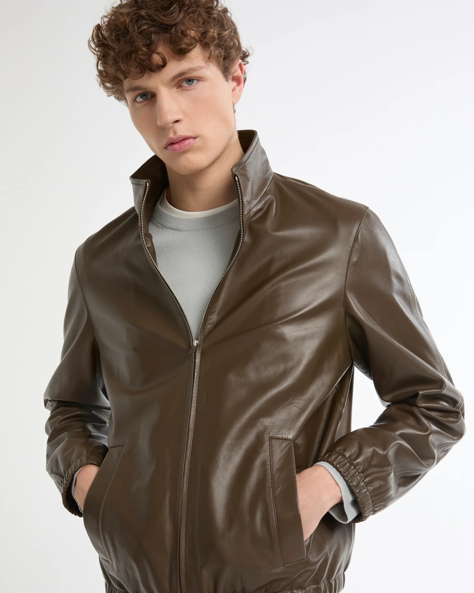 Blouson zippé en cuir d'agneau