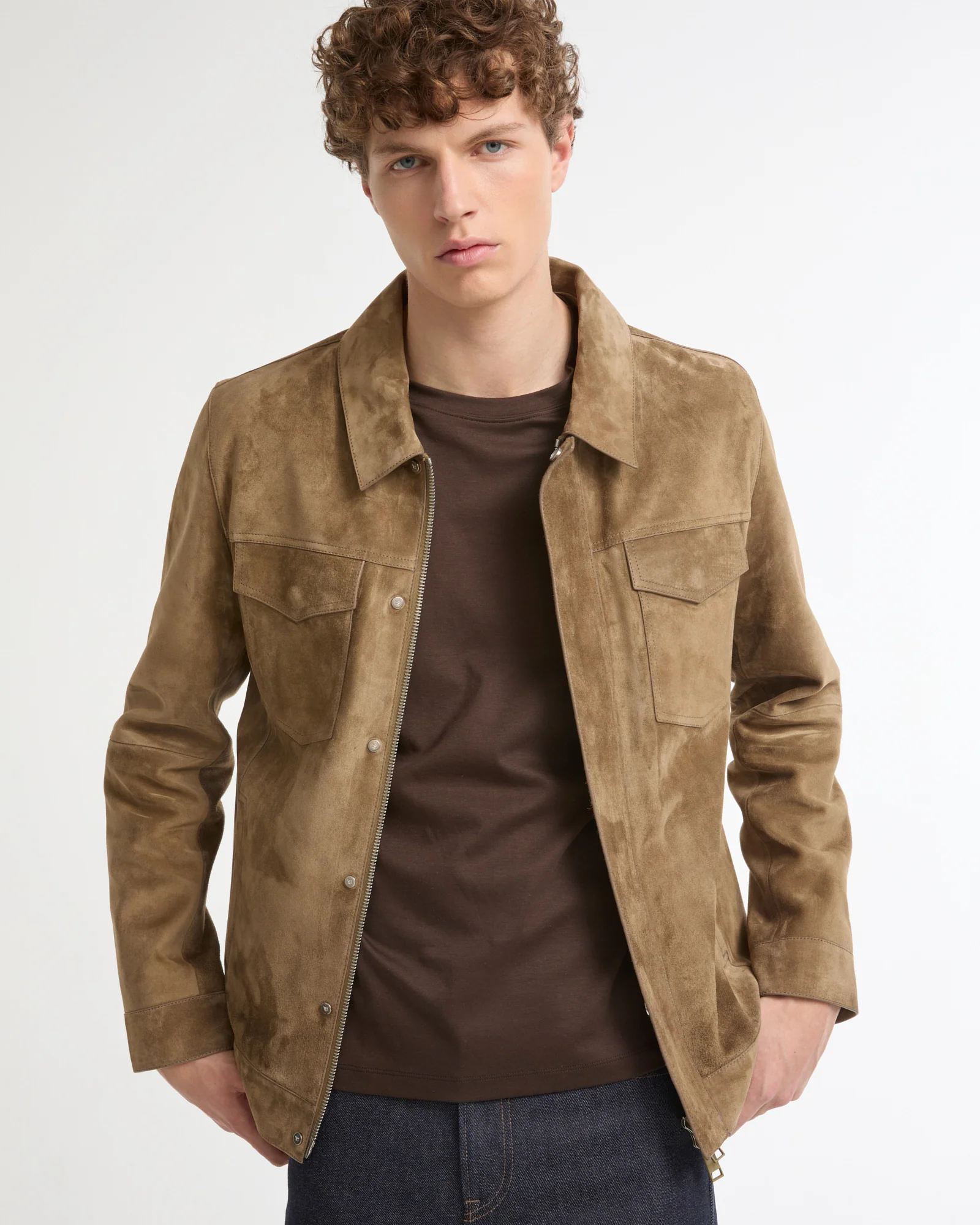 Veste coupe denim en cuir de veau finition suède - Image 4