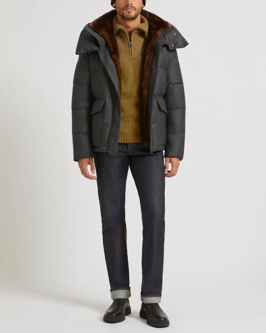 Doudoune courte à capuche en tissu imperméable Loro Piana avec col en fourrure de vison - Image 5