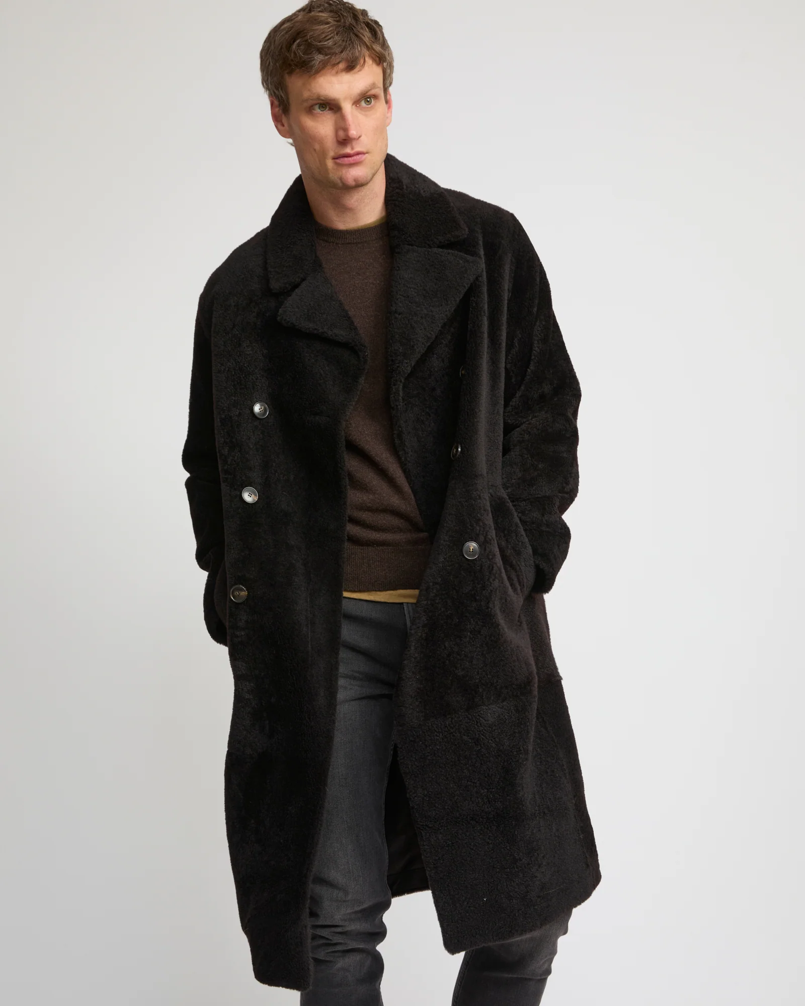 Manteau 7/8 en peau lainée d'agneau Lacon chiné - Image 4