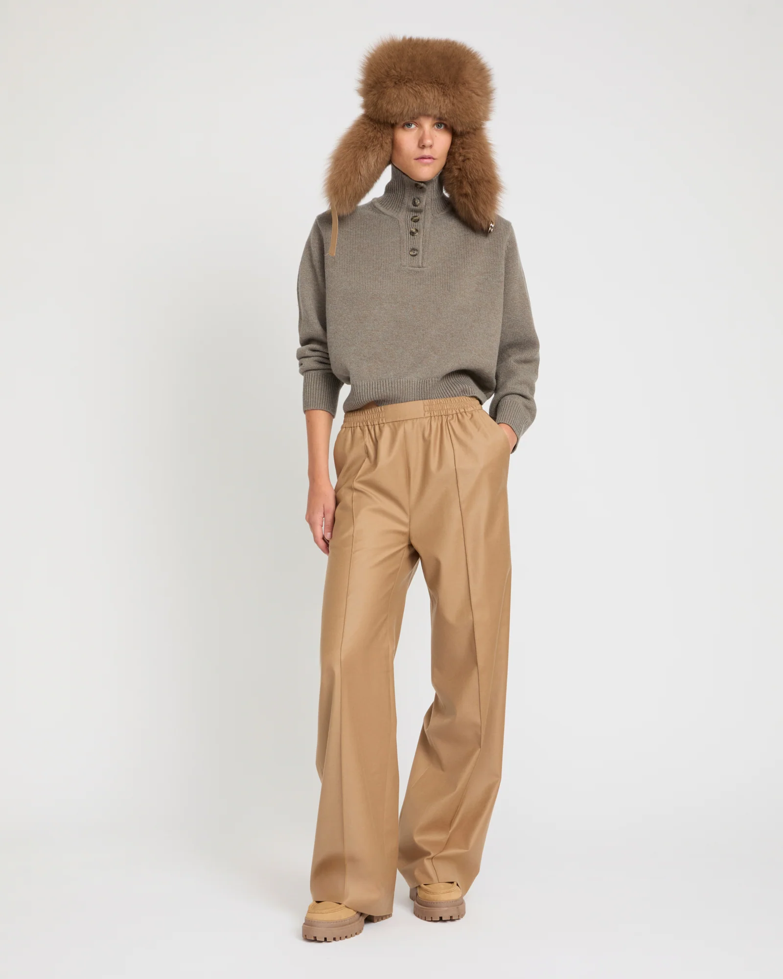 Pantalon ample à taille élastique en tissu flanelle