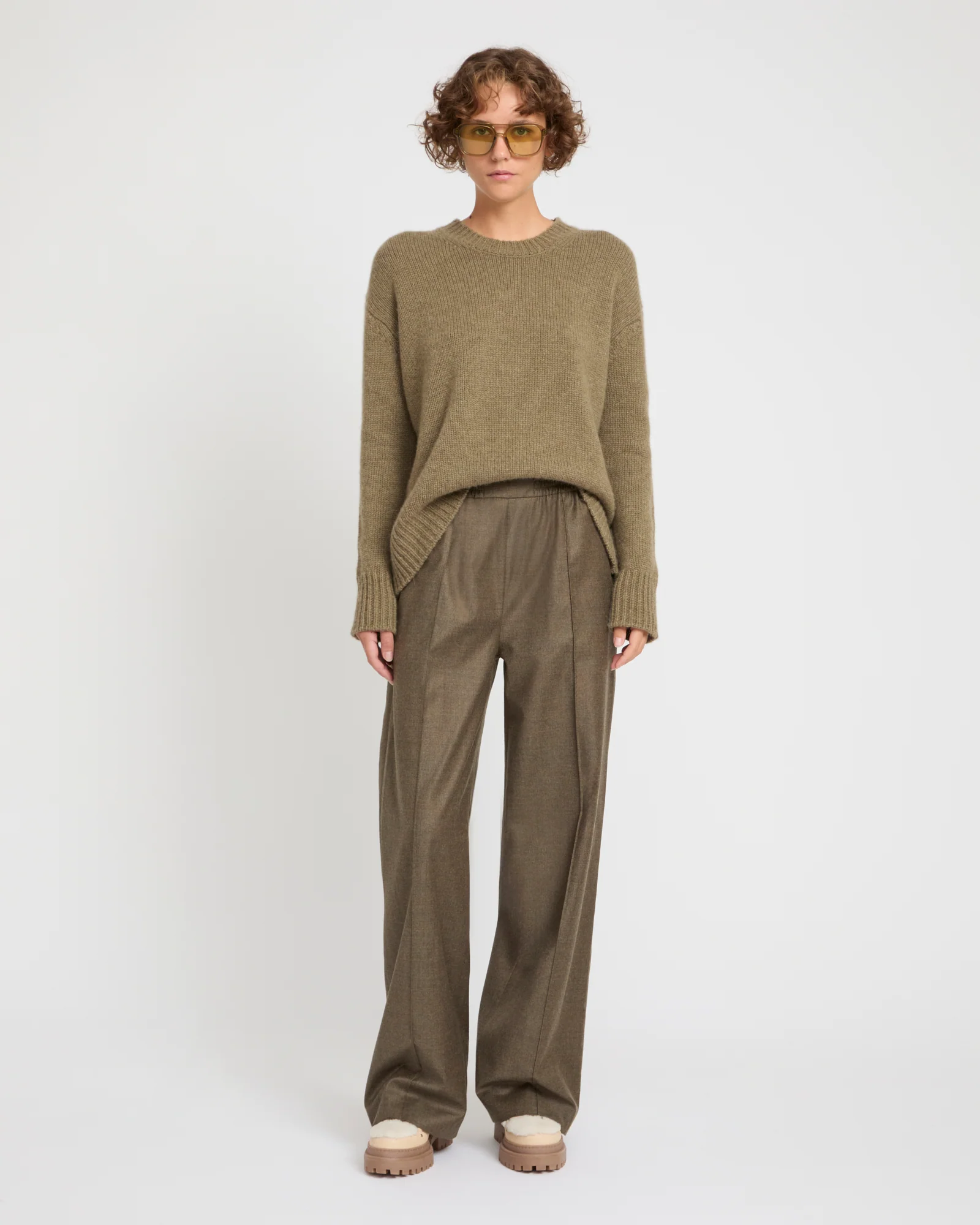 Pantalon ample à taille élastique en tissu flanelle