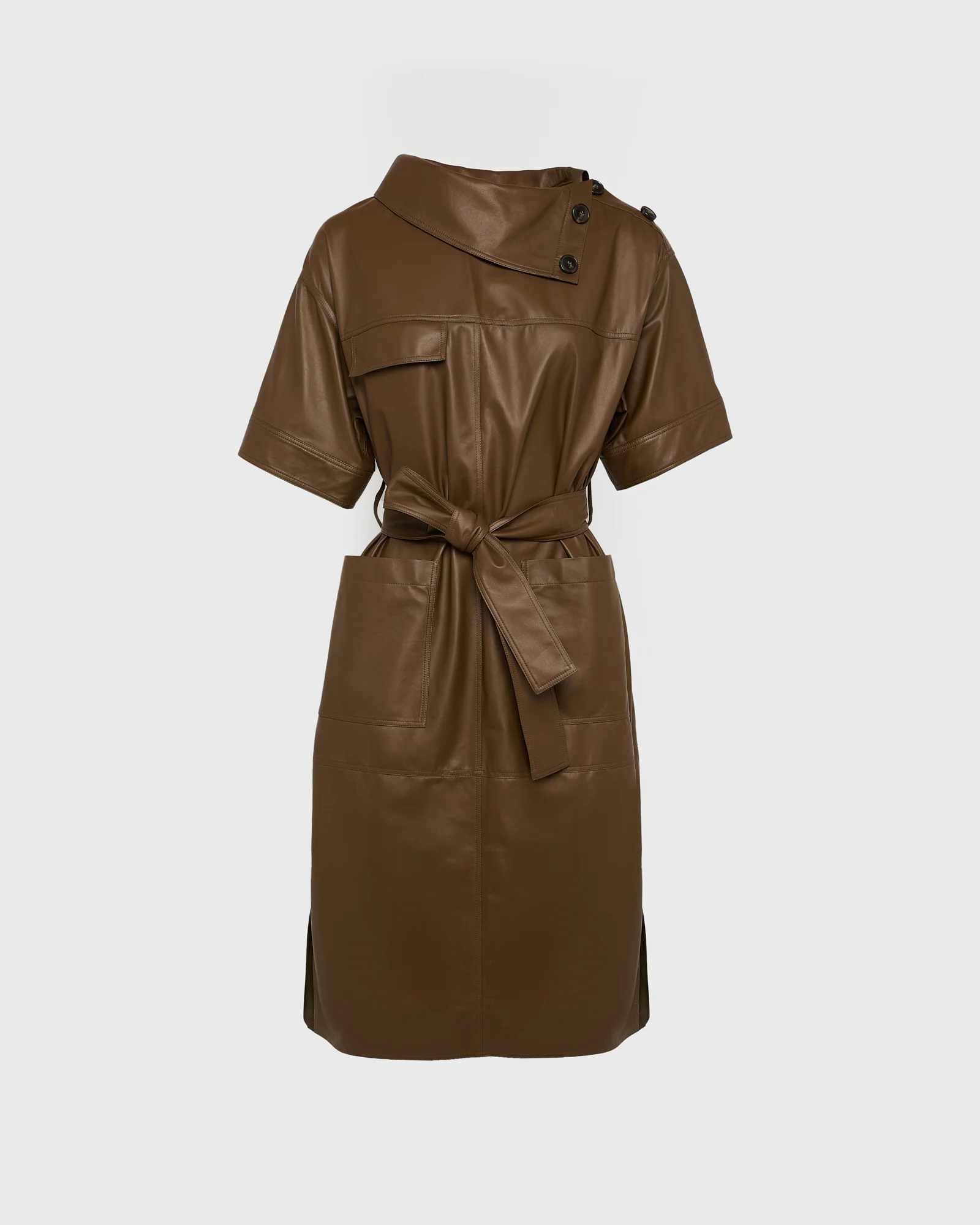 Robe ceinturée à col asymétrique en cuir - Image 4