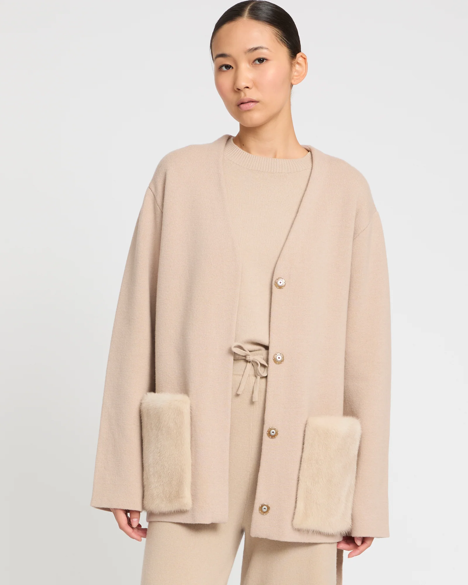 Veste ceinturée en maille et fourrure de vison